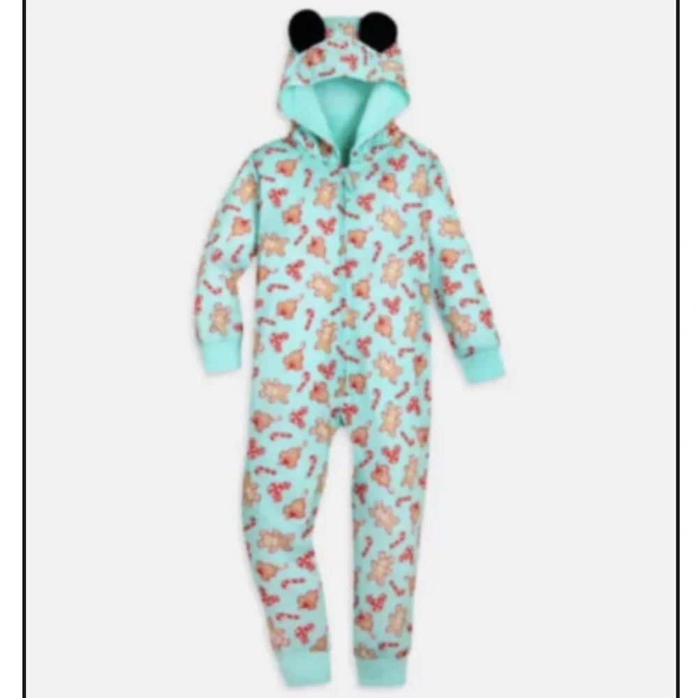 Disney Mickey Bars Mouse Holiday Gingerbread Hooded Romper Pajamas Kids 5/6 Blue